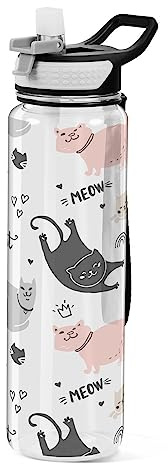 Mnsruu Cat Water Bottle 1L Sport Water Bottle for Men Women Kids | Leakproof BPA Free Tritan Drink Bottle with Straw