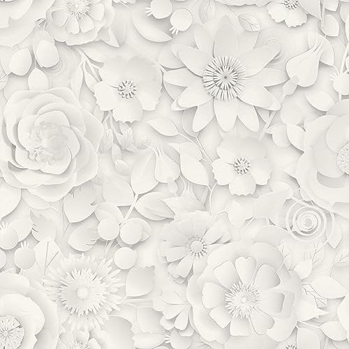 Rasch Tapete 200225 - Helle Papiertapete in Weiß und Grau mit Blumen in 3D-Optik - 10,05m x 0,53m (LxB)