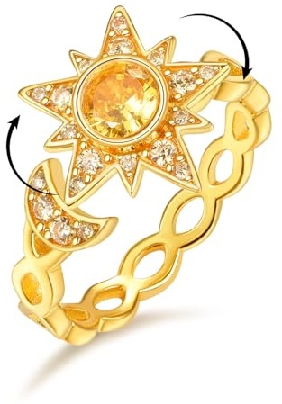 KINGWHYTE Fidget Ringe für Angst 925 Sterling Silber Citrin Angst Ring Spinner Sonne und Mond Ring Schmuck für Damen Frauen Teenager Mädchen