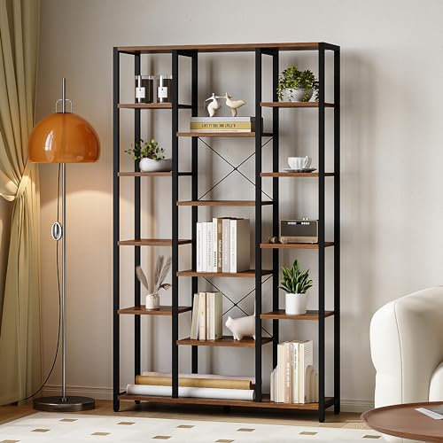 Hzuaneri Bookshelf, 6 Tier Bookcase with 15 Open Display Shelves, Adjustable Storage Shelving Unit for Living Room, Home Office, 30 x 100 x 170 cm, Rustic Brown and Black, BC15001B