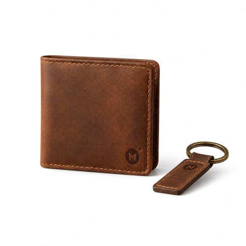 moonster Echtes Büffelleder Portemonnaie & Leder Schlüsselanhänger, Luxus Geschenkset für Herren - Handgemachte Geldbörse Herren mit Münzfach & Kartenfächern – Stilvolle Männer Geschenkidee