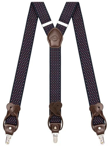 Kohentact Hosenträger Herren mit Clip- und Knopfbefestigung, inklusive 6 Knöpfe, 3,5 cm Breite Y-Form für Körpergrößen bis 200 cm Suspenders for Men 1 (Marineblau mit roten und weißen Punkten)