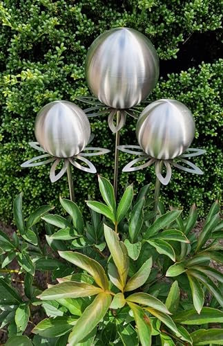 Jürgen Bocker Garten-Ambiente Blütenzauber Paris Rosenkugel 3er Set 15/10/10 cm Edelstahl Gartenstecker Deko mit Stab 80 cm (Silber matt)