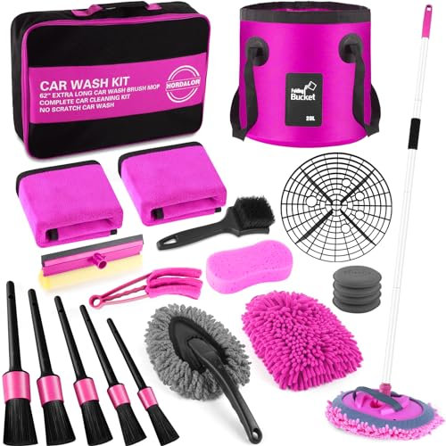 21Pcs Car Wash Brush Set, 62 Inch with Long Handle, Pink Car Cleaning Kit, Car Detailing Brush Set, Car Wash Bucket with Dirt Trap,