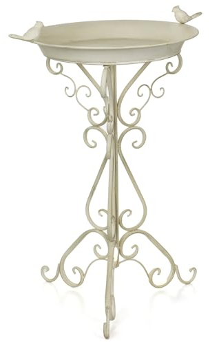 Moritz Vogeltränke Vogelbad weiß mit Zwei kleinen Vögeln auf der Wasserschale Höhe 74cm stehend Vogelbecken Wassertränke verziert Garten frostsicher