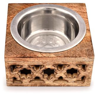 Kimona Cat Feeder Steel & Mango Wood Elevated Dog Bowls with Stainless Steel Dog Food Bowls for Small Medium and Large Dogs (5.75 x 5.75 x 2.75)