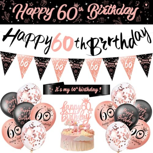 60th Birthday Decorations for Women - Banner, Bunting, Balloons, Triangle Flags, Cake Toppers and Sash - Happy Birthday Party Decoration