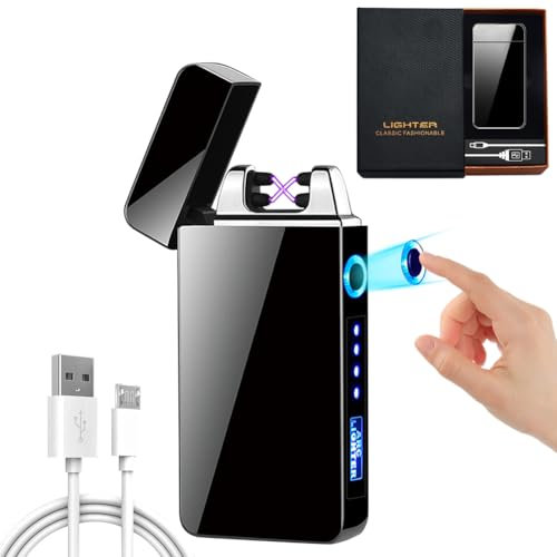 LOMUG USB Elektronische Feuerzeug, USB Aufladbar Elektro Lichtbogen Feuerzeug, feuerzeug sturmfeuerzeug, Lichtbogen Touchscreen Elektro Feuerzeug mit Batterieanzeige,Geschenke für Männer Papa(Schwarz)