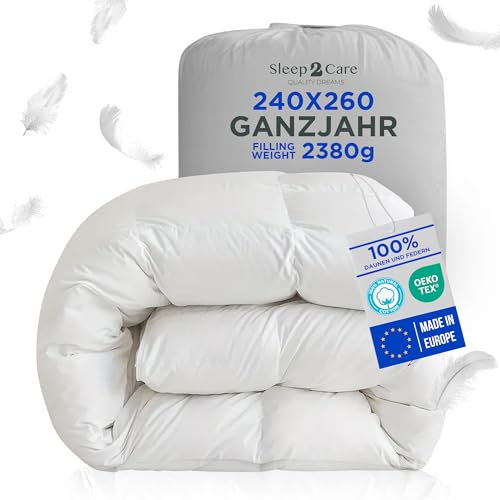 Sleep2Care 4-Jahreszeiten Bettdecke 240x260 | Ganzjahresdecke für Entspannung & Tiefen Schlaf | Öko-Tex | 100% Daunen & Federn, 2340 gr. Füllung 375 GSM | Ideal Weiße Duvet für Winter & Sommer