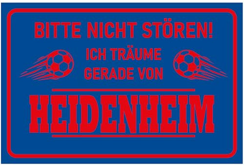 Indigos UG - Schild Fussball - 20x15cm - Bitte nicht stören, Hier träumt ein Heidenheim Fan - blau - rot - Schilder für Fußballfans - Fanartikel - Merchandise - Hinweisschild - Warnschild