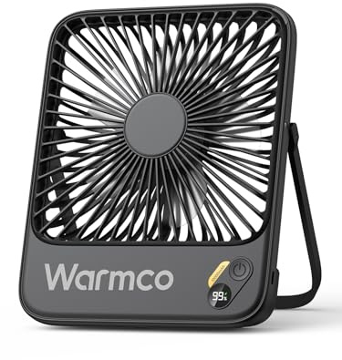Warmco 10000mAh Portable Travel Fan 7-inch, Max 24H Runtime, Ultra-thin Quiet Rechargeable Battery Operated Desk Fan with Digital Display for Camping, Office, Bedroom, Cruise Essentials