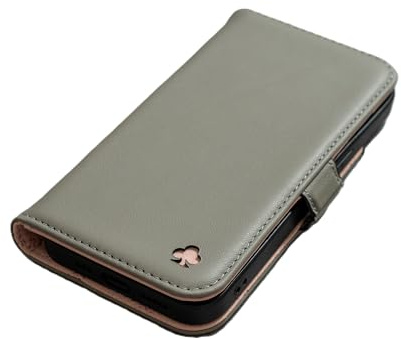 PORTER RILEY - Leather Case Compatible with iPhone 16 Pro. Premium Genuine Leather Stand/Cover/Wallet/Flip Case with Card Slots & Horizontal Stand (Grey/Pink)