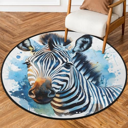 Mexpekil Wasserfarben-Zebra-Teppich, rund, 160 cm, rutschfest, waschbar, saugfähig, für Wohnzimmer, Schlafzimmer