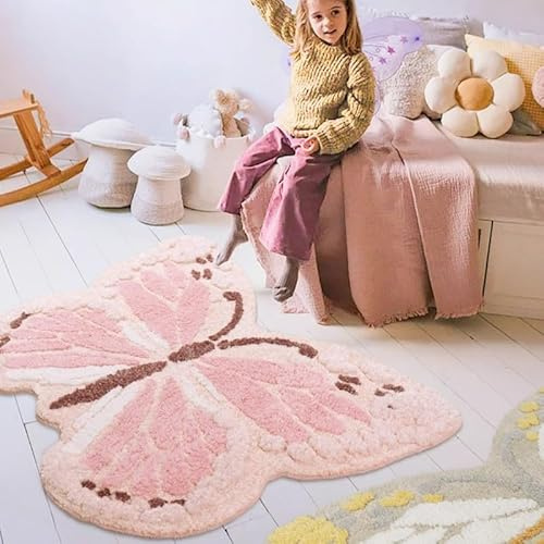 Schmetterlingsteppich für Mädchenzimmer, bunt, waschbar, Kinderzimmerteppich, weicher Teppich, rutschfeste Spielmatte, Teppich für Spielzimmer, Kinderzimmer, 89,9 x 119,9 cm, Hellrosa