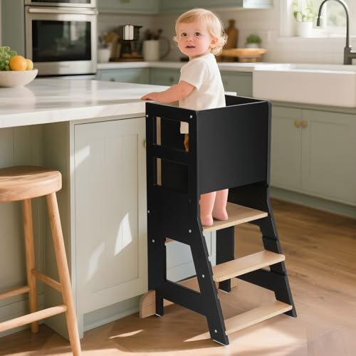 KIDINIX Kinder Lernturm ab 1 Jahr, Learning Tower mit Tafel, Höhenverstellbar, Montessori-Lernstuhl für Küche und Bad, Kippsicher, Schwarz