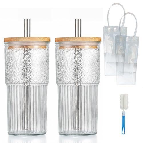 LEEGING 2 Pack 20oz Hammer-Patterned Glass Cups with Straws,Wooden LIDS,Cleaning Brush and Transparent Handbag, Reusable Cups for Water, Tea, Milk, Juice, Cold Drinks and Car Drinks, Iced Coffee Cups