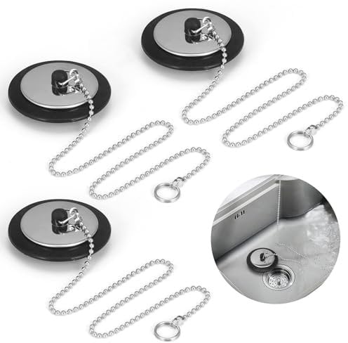 TPTGIAR 3 PCS Universal Sink Plug, Bathroom & Kitchen Sink Plug Replacement, 43mm Black Silicone Bath Plug Replacement with Stainless Stee Chain for 42-45mm Bathtub Sink