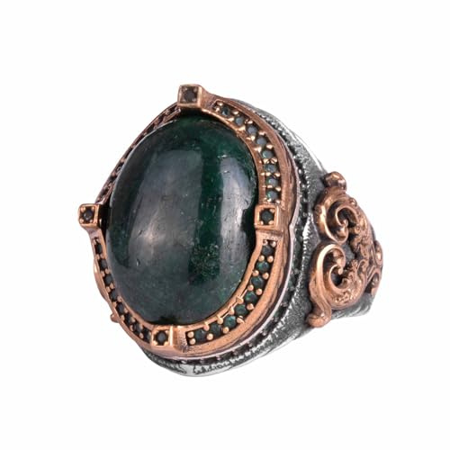 KAMBO Herren-Ring aus 925er-Sterlingsilber, natürlicher Smaragd-Edelstein mit Kronen-Lünette und Pergament, handgefertigter Schmuck im antiken Stil, Silberstein, Edelstein