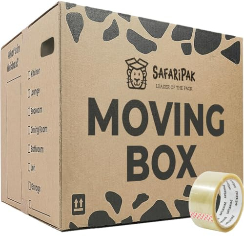 SAFARIPAK - 10 Pack Strong Extra Large Reusable Cardboard Storage Packing Moving House Boxes 52cm x 52cm x 40cm with Carry Handles and Room List Checkboxes - 108 Litres Capacity - Inc 66m Roll of Tape