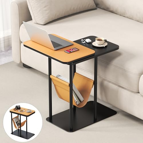 Lederne Beistelltisch, Schlanke Couch Beistelltisch, Kleine Laptop Stand TV-Tisch für Sofa und Bett, Mobiler Kaffeetisch für Wohnzimmer Schlafzimmer – geeignet für Mahlzeiten,Snacks und Tee (orange)