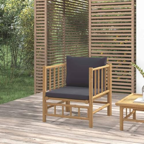 QJBSAVVA Fauteuil de jardin, en bambou, avec coussin gris foncé, 63 x 69 x 65 cm, salon d'extérieur confortable pour balcon, terrasse et jardin