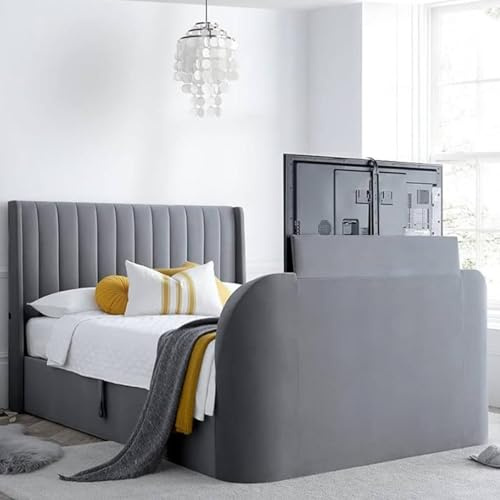 Elegant Grey Plush Electric Media TV Small Double Bed Frame | Vertical Line Wingback Headboard | Modern Smart Bed with Plain Footboard | Mattress, TV & Storage Not Included
