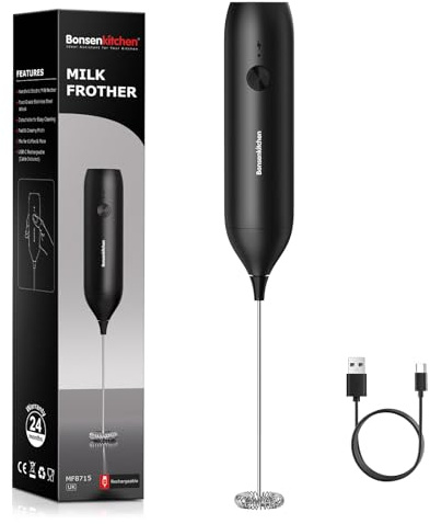 Bonsenkitchen Type-C Rechargeable Handheld Milk Frother, MF8715 | 15-20s Frothing, Type-C Rechargeable, ABS and Stainless Steel, Waterproof Ring, Quiet Operation