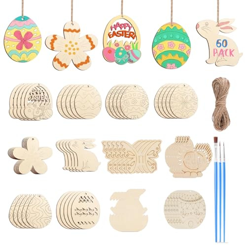 Scinzene 60 Stück Holzanhänger Ostern Basteln Set, Osterbasteln, Holzanhänger Ostern zum Bemalen mit 3 Aquarellstiften, DIY Osterdeko zum Aufhängen mit Hanfseil und Farbenfrohem Design