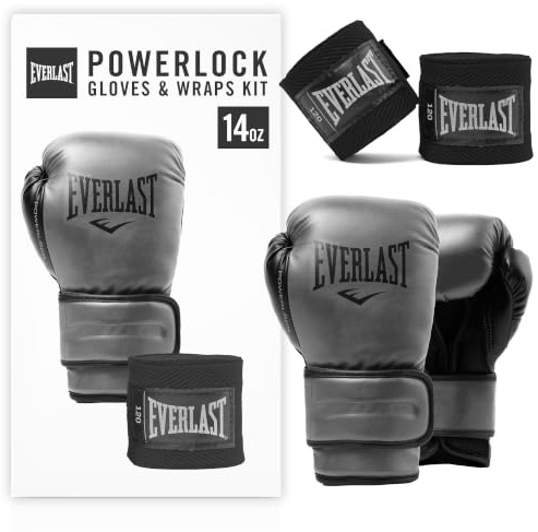 Everlast Powerlock 2R Boxhandschuhe 14oz und Core Boxbandagen, anthrazitgraue Everlast Boxhandschuhe für Sandsack und Sparring mit Klettverschluss und vierlagiger Schaumstoffpolsterung