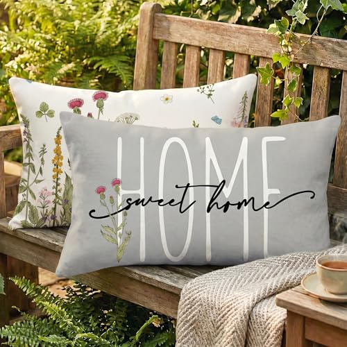 2er Set Wasserdichter Outdoor Kissenbezug 30x50 Grau, Grünpflanzen Design Gartenkissen, Sommer Modern Dekokissen, Doppelseitig & Muster, Leinen-Polyester für Balkon Garten Sofa Couch Wohnzimmer