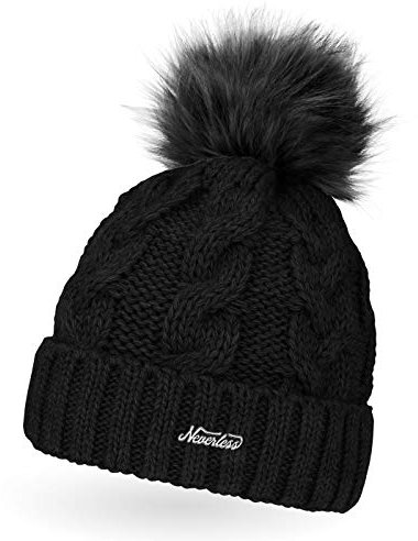 Neverless Damen Strick-Mütze gefüttert mit Fell-Bommel, Kunstfell, Winter-Mütze, Bommelmütze, schwarz Unisize