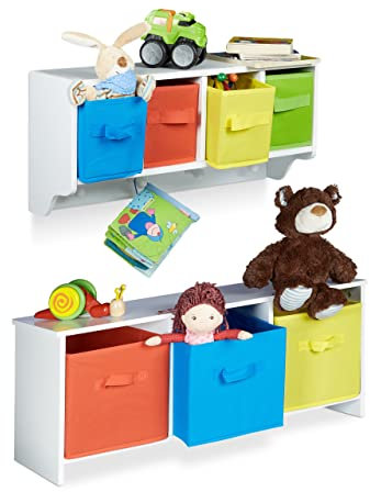 Relaxdays 2 teiliges Kinderzimmer Aufbewahrungsset, Kindersitzbank mit Stauraum, Wandregal Wandgarderobe, weiß mit bunten Stoffboxen
