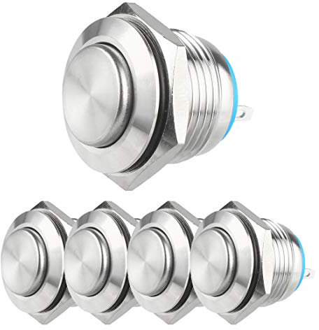 Larcele 16mm Impermeable Momentáneo Pulsador Botón Mini DIY Pulsador 1No Carcasa de Acero Inoxidable,5 Piezas JSANKG-01 (Terminal de Pin J, Cabeza Redonda Alta)