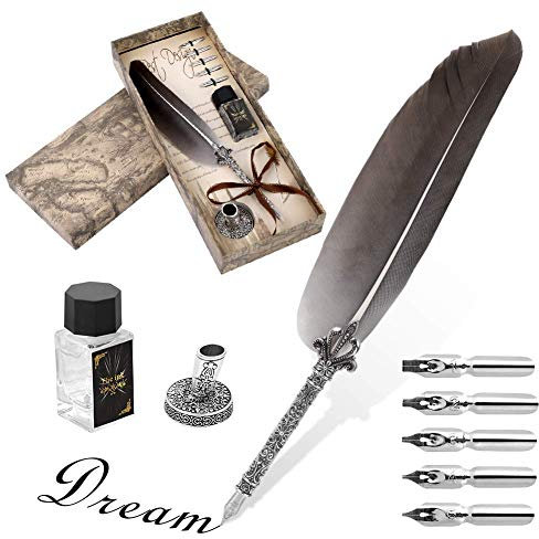 Ejoyous Handcrafted Quill Pen, Feather Quill Pen Set Calligraphy Pen Stationery Set Antique Dip with Ink Bottle Pen Nib Base 6 Replacement Nib for Friend Teachers