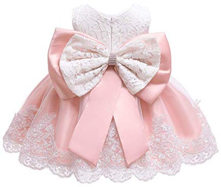 FYMNSI Vestito da Ragazza Festa in Pizzo per Bambini Abiti da Sposa Damigella d'Onore Bowknot Tutu Abito da Compleanno Principessa Senza Maniche Formale Battesimo Sera Cerimonia Vestiti Rosa 5-6 Anni