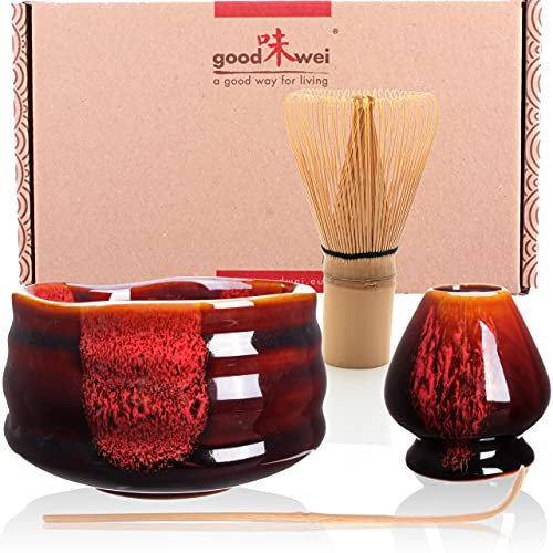 Goodwei Matcha Kit | Bol Matcha Artisanal Chawan, Cuillère e Fouet à Matcha avec Support de Fouet en Céramique au design assorti | Service à Thé Japonais (Akai, 120)