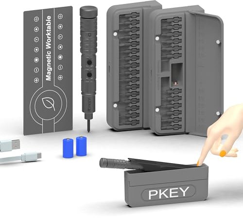 PKEY Cordless Electric Screwdriver Set, Mini Electric Screwdriver, 28 Magnetic Bits, 3 Gears Torque, Two batteries，Rechargeable Portable Repair Tool Kit for Electronics Laptops Clocks Glasses Camera