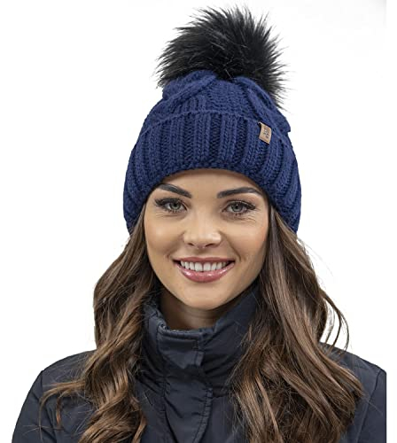VIVISENCE Wintermütze Mit Bommel Damen Perfekte Passform Warmes Strickmütze Herbst Frauen Mütze Für Winter Aufgerolltem Design Für Extra Wärme Ideal Für Kalte Wintertage, Dunkelblau,Einheitsgröße