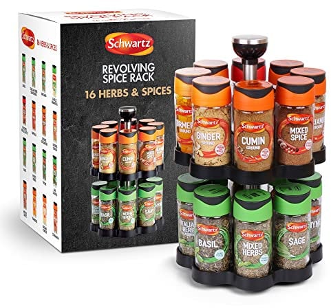 Schwartz Rotating Spice Rack with Spices Included, Spice Rack for Inside Cupboard, Kitchen Organiser, Kitchen Countertop Spice Rack, Includes 16 Schwartz Herbs and Spices Jars