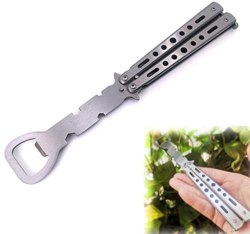 KMRA Butterfly Bottle Opener,Pocket Practice Training Full Stainless Steel Unsharpened Blade Dull Bailisong Knifetrainer,Titanium Butterfly Bottle Opener for Practicing Flipping Tricks