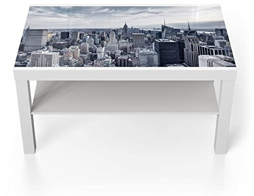 DEQORI Glastisch | weiß groß 90x50 cm | Motiv Blaue Skyline New York | ausgefallener Beistelltisch aus Glas | Hochglanz Couchtisch fürs Wohnzimmer | moderner Couch Tisch mit Design