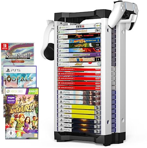 Allnice Game Storage Tower Multifunction Video Game Shelf for 24 Game Disk, 2 Headsets Controllers Holder Compatible with PS3/PS4/PS5/ Nintendo Switch/Xbox One, Xbox Series X/S and Blu-Ray Discs