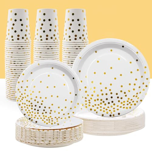 Hombasing Party Tableware, White Gold Paper Plates, 90pcs Party Plates Set with Reusable Paper Dinner Plates, Cups, Dessert Plates for Birthday, Engagement, Weddings, Family Gathering (30 Guests)