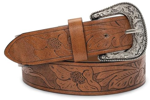 INOGIH Verstellbarer Vintage-Western-Cowboy-Gürtel für Damen und Herren, Cowboy-Stil, gravierte Schnalle, Gürtel für Jeans, Hosen, Kleider, Coffee-style 2, One_Size