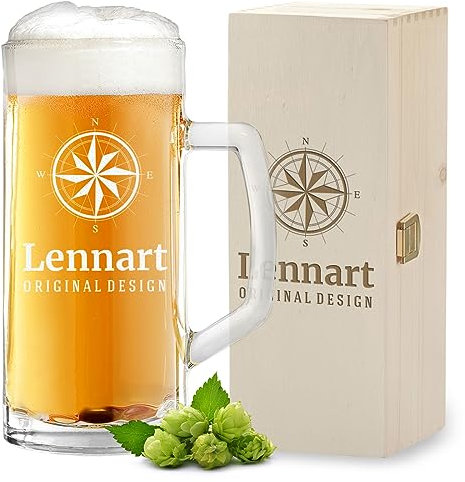 polar-effekt 2er-Set Bierkrug 500 ml aus Glas und Kiste aus Holz mit Gravur für Männer - Bier Geschenk für Papa - zum Geburtstag, Jubiläum und Vatertag - Bierglas - Motiv Kompass