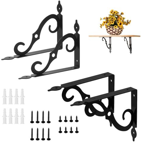 YINGLUOEU 4 Pezzi Staffe per Mensole a Parete Reggimensola Ferro Battuto Staffa per Mensola a Muro a L Decorativi con Viti per Libri Cucina 14X11cm, Nero, CYQ-101207
