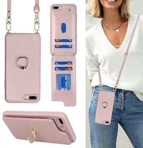 CAVOR Handyhülle kompatibel mit iPhone 7 Plus/8 Plus Hülle Mit Band,Flip Leder Geldbörse Handytasche,[Mit 4 Kartenfach][Mit Ring Ständer],Handyhülle zum umhängenband - Rose Gold