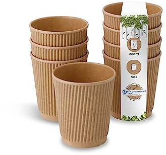 BIOZOYG 50x vasos desechables isotérmicos 200 ml / 8 oz, Ø 80 mm marrón - vaso cafe desechable ondulado y sin plástico - vasos cafe