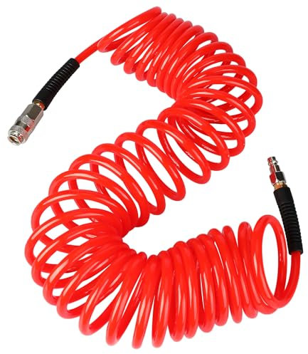 YOTOO Air Compressor Hose, Polyurethane Recoil Air Hose 10m Long 6mm ID x 9.5mm OD 450 PSI with Bend Restrictor, 1/4 Europe Quick Coupler and Plug, Red