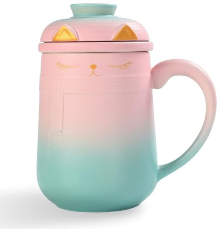 JTBDWOSK Tasse À Thé avec Couvercle Et Passoire, 460 ML, Dégradé Rose À Vert, Ensemble Tasses Céramique Japonaise, Tasse avec Couvercle, Jolie Tasse Japonaise Céramique avec Couvercle,Rose
